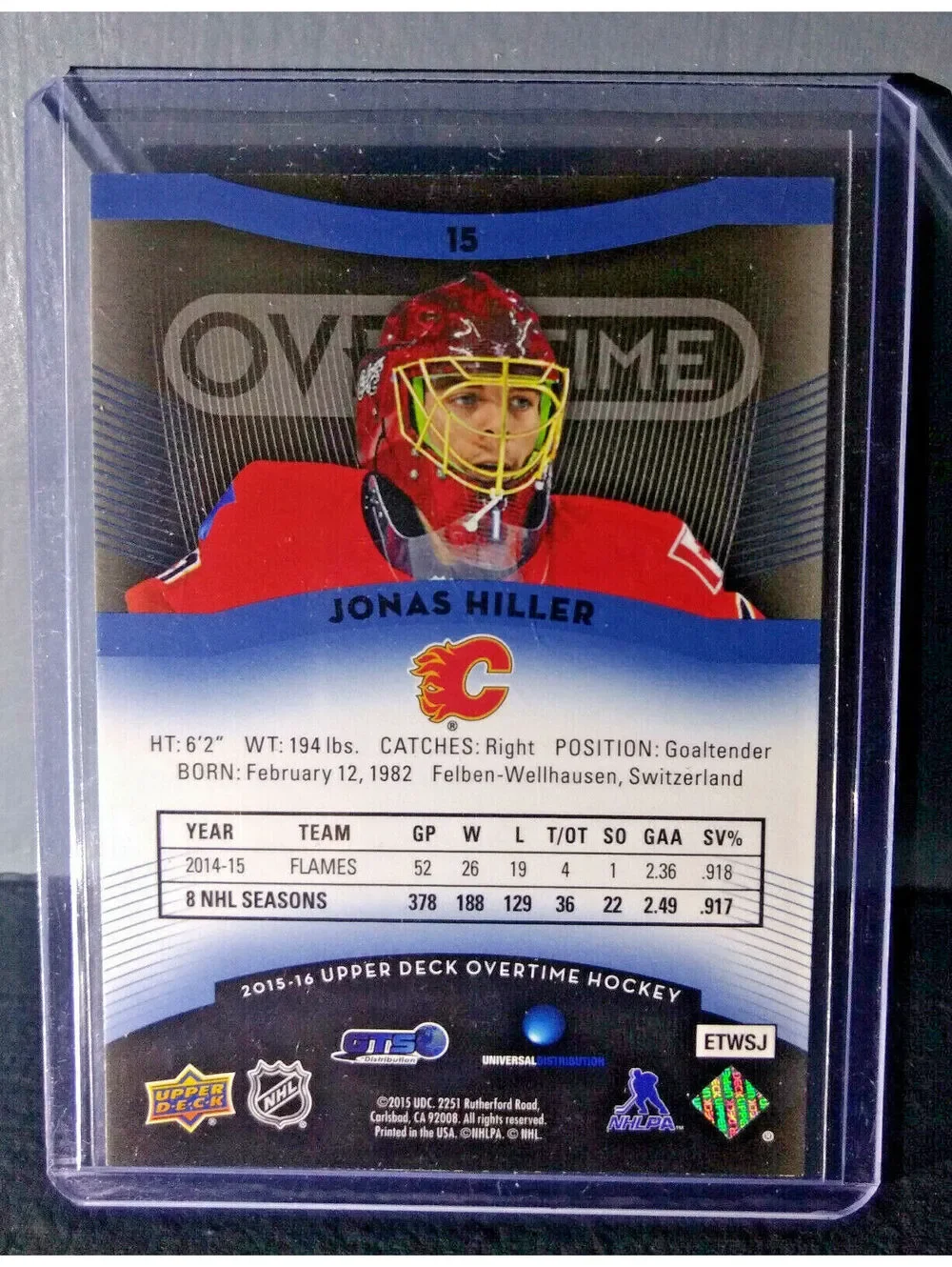 2015-16 Jonas Hiller Upper Deck Overtime Hockey #15 Card